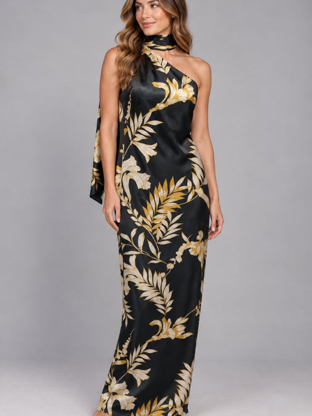 Vince Camuto 6 Black Gold Floral One Shoulder Scarf Maxi Dress Formal